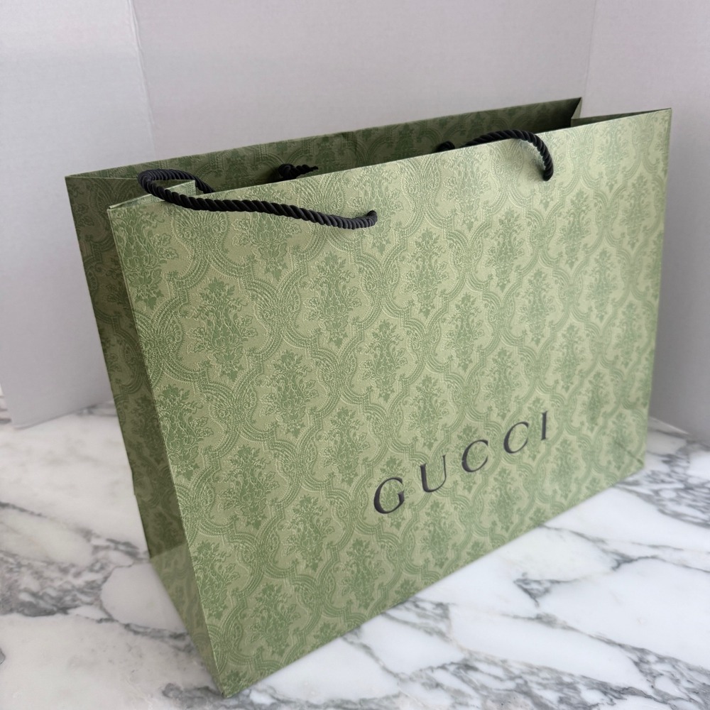 Gucci Large Green Damask Paper Shopping Bag Authentic Rope Handles 19x14x6.5